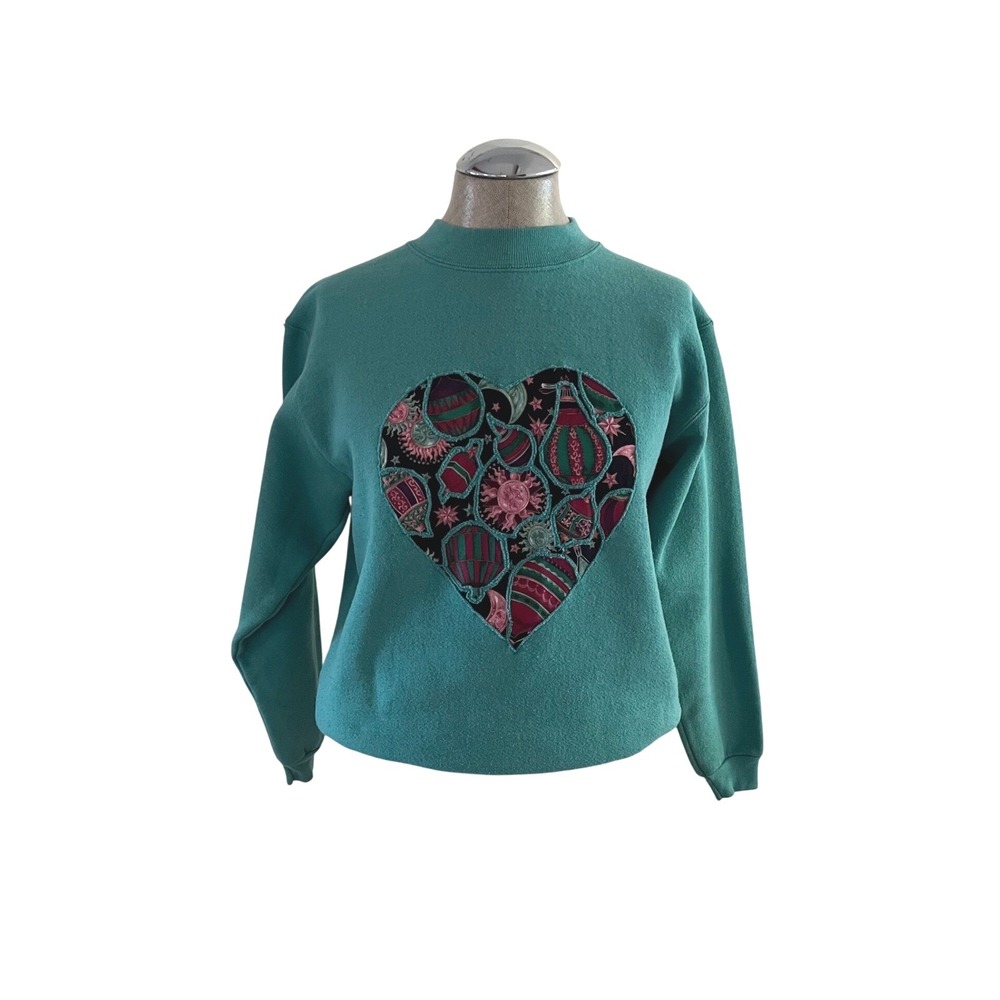 Celestial Heart Applique Teal Sweatshirt Small Hanes Her Way USA Vintage